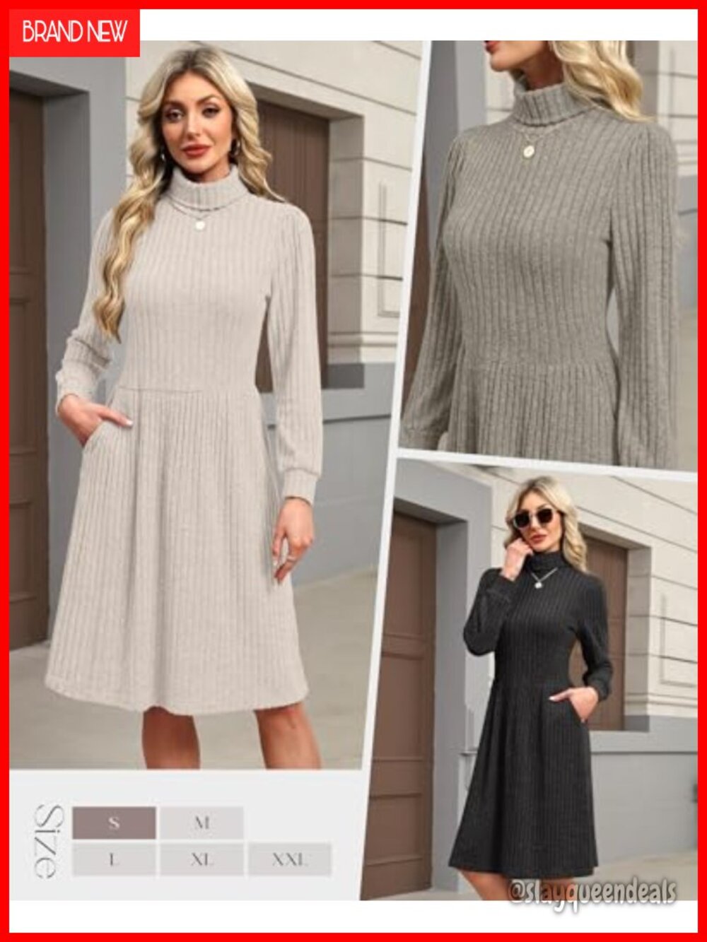 Womens Long Sleeve Sweater Dress Set Pockets Turtleneck Puff Cuff - Picture 5 of 6